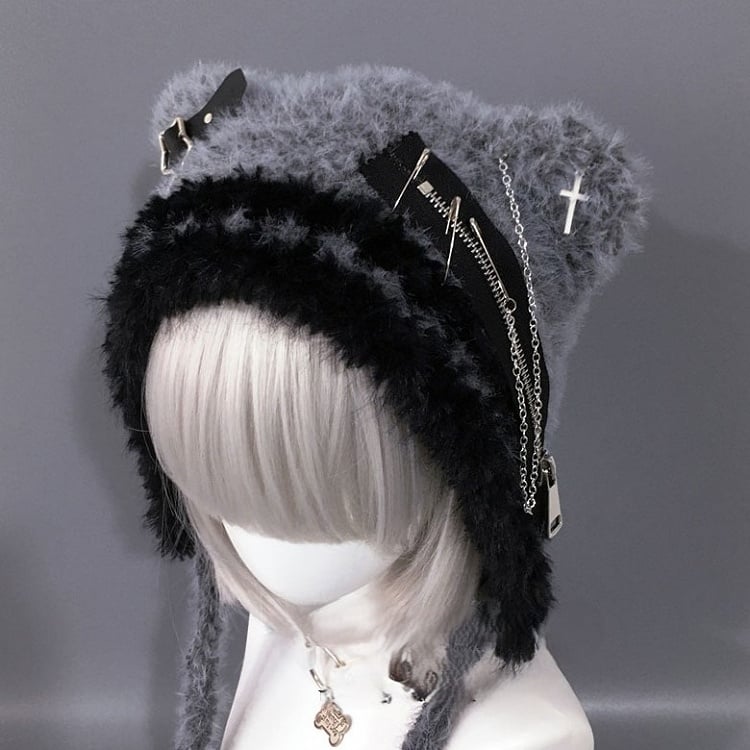 Bonnet Beanie avec boucles d'oreilles et ours en tricot gris en peluche