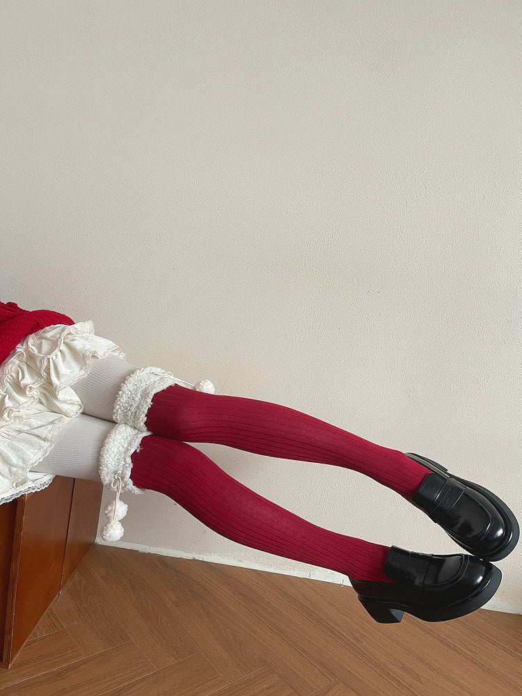 Stockings Cuff Pom-Pom Fluffy with Ribbed Details