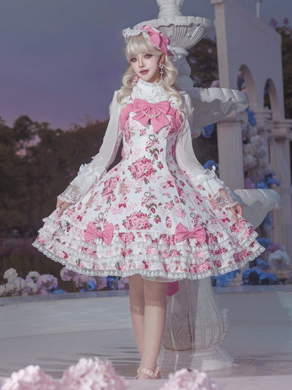 Sweet Teddy White Bear Pink Trim Print Accents Lolita Dress Bow Floral with Lace and