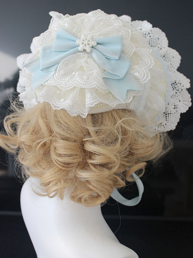ピンク/ブルーの花柄リボンディテール、レーストリムのボンネット