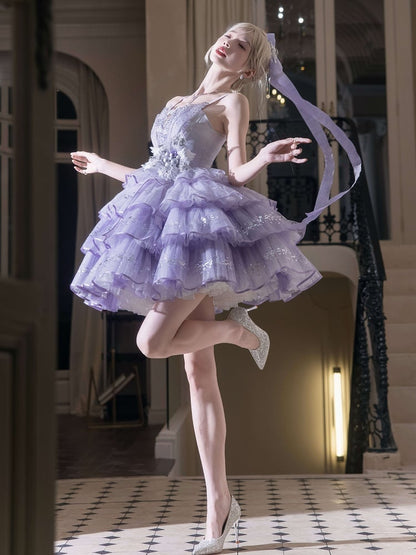 Purple Rhinestone Balletcore Lolita Silver Star Shimmer Dress - Nikki Tomorrow