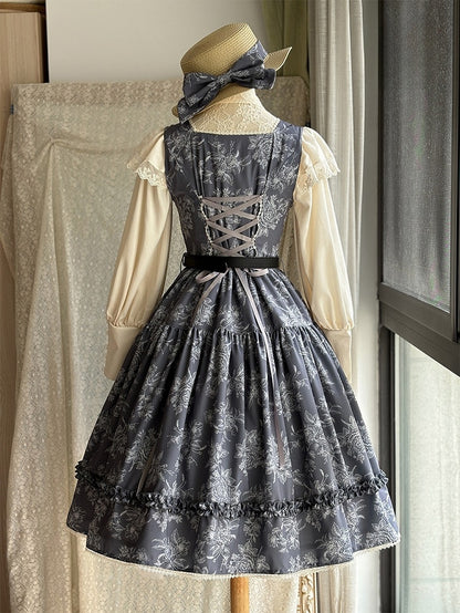 Gray & White Rosette Print Elegant Classic Lolita JSK Dress with Lace Trim