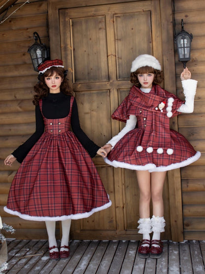 Red Plaid Pattern Under Bust Christmas Vibes Lolita Dress Boned Waist and Plush Hemline Long Version