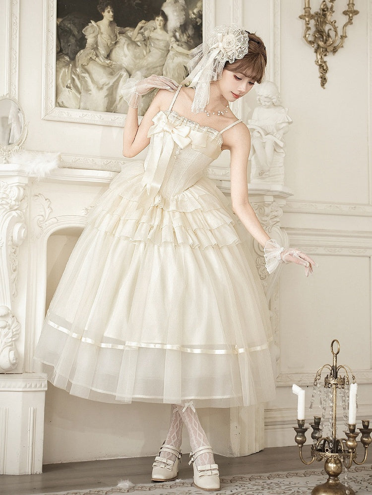 Creamy Boned Waist Elegant Lolita Long JSK Dress + Necklace + Hairband + Floral Hairclip - With PUJI