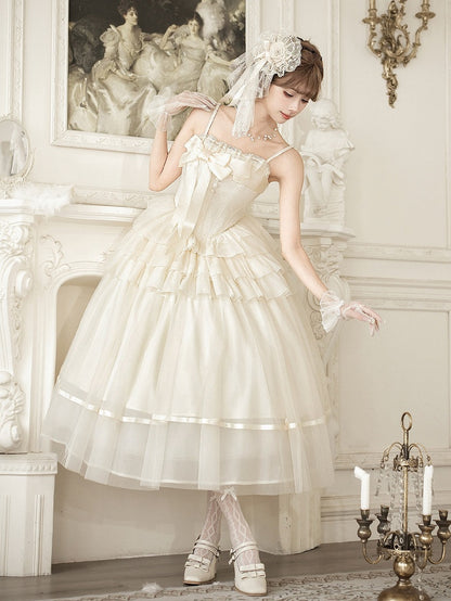 Creamy Boned Waist Elegant Lolita Long JSK Dress + Necklace + Hairband + Floral Hairclip - With PUJI