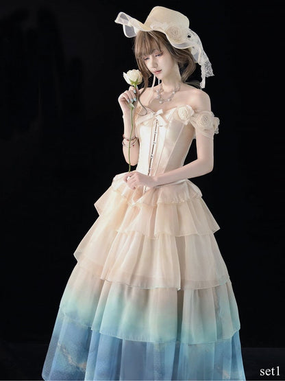 with Gradient Top Beige Floral-Embellished Off-Shoulder Corset Skirt Tiered