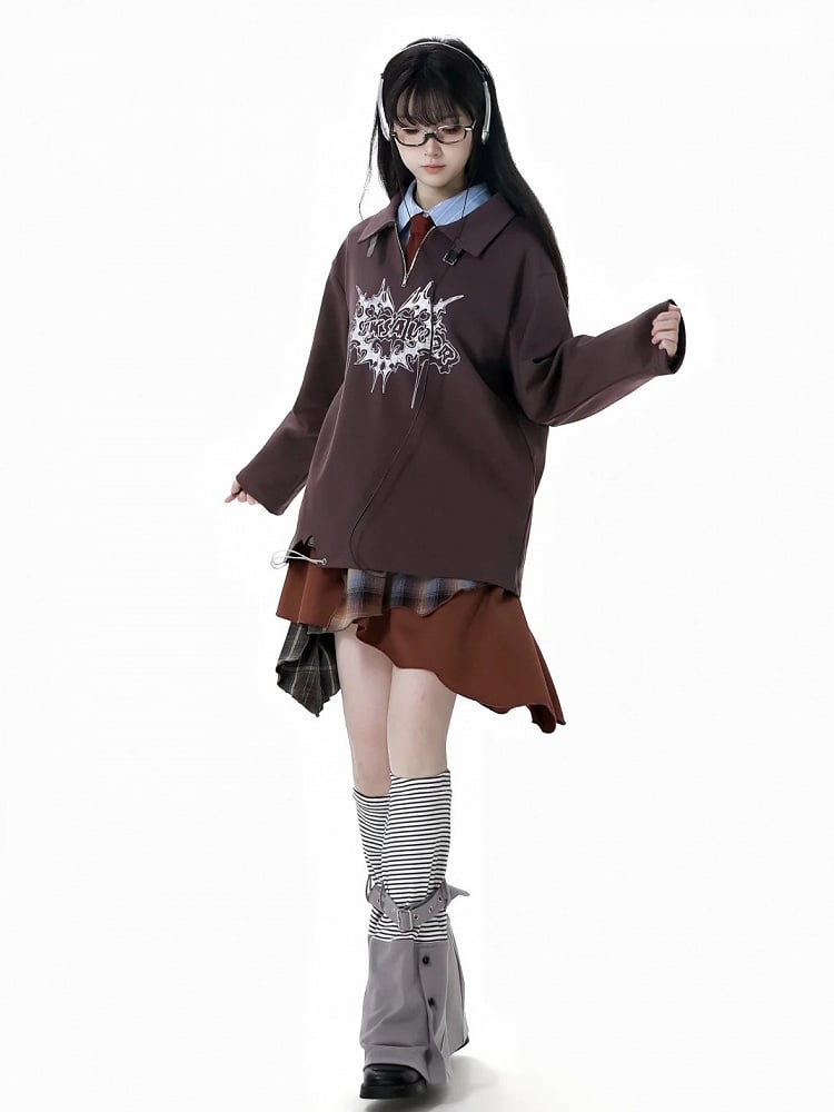 Sweatshirt mit Kragen und Grafik, braun, Polokragen, Schnallenriemen-Ausschnitt