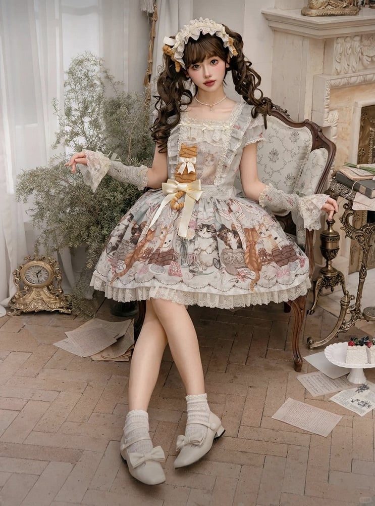 Green Cat Print Square Neckline Sweet Lolita JSK Dress with Plush Cat Patch - NyaNya