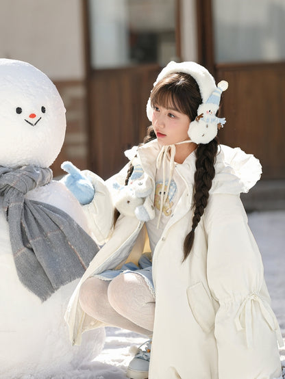 Cute Snowman Adorned White Hooded Puffer Down Jacket Bubble Silhouette