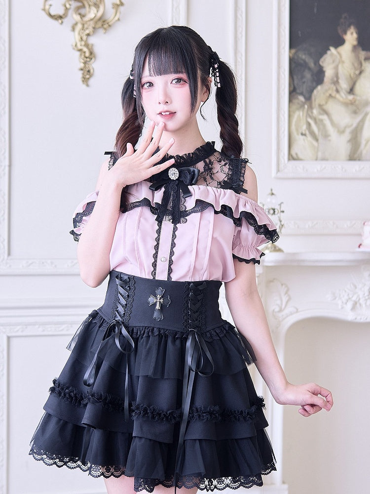 Bluse Top Schwarze Schulter Jirai Illusion Offen mit Kontrast Kei Ausschnitt Pink