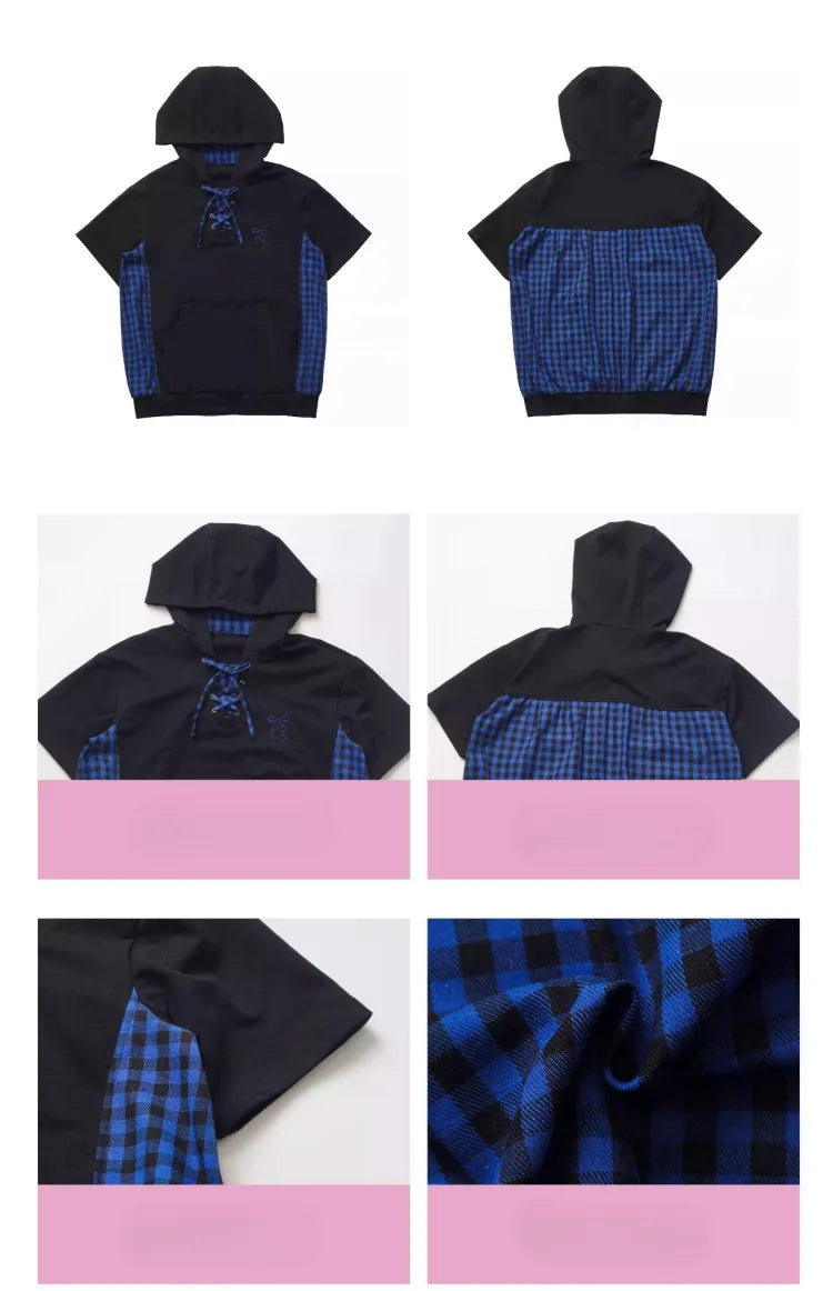 Blue Sleeves Black Short Plaid Hoodie Pattern and Dark