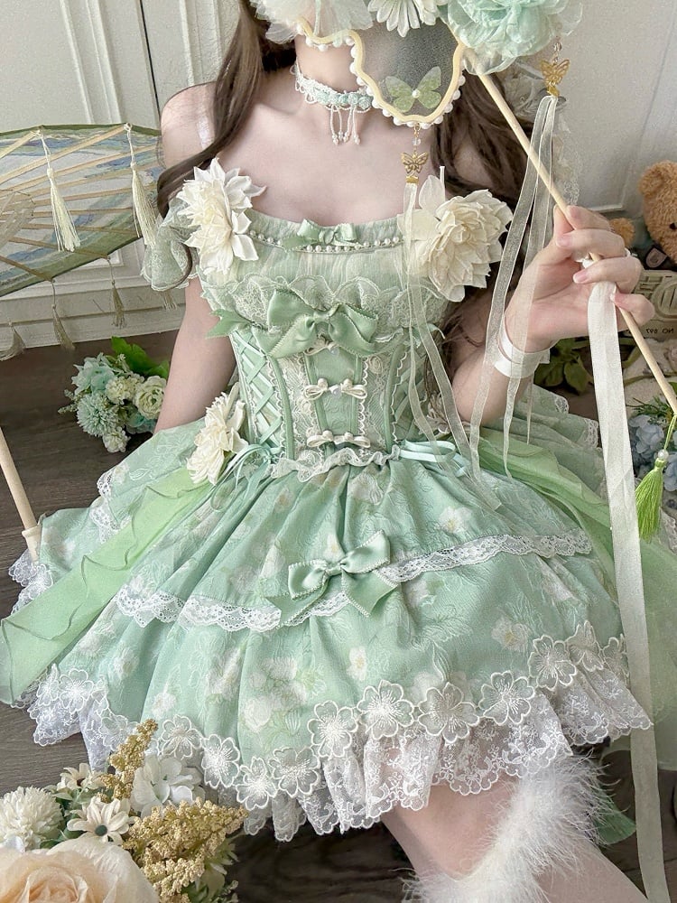 Short Skirt Green Frog Buttons Jasmine-Embellished + Lolita Version with Print Corset Floral Top