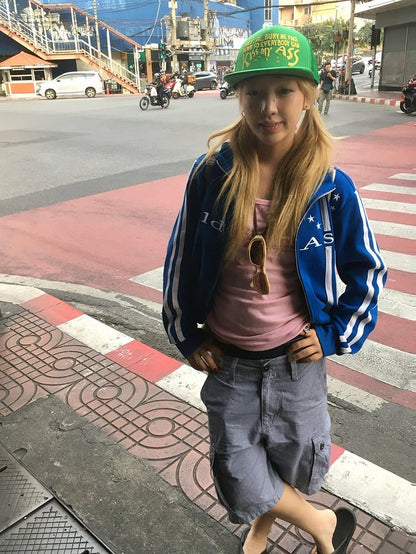 Neck Embroidery Lettering Stripe Jacket Zip Blue Mock with Trim