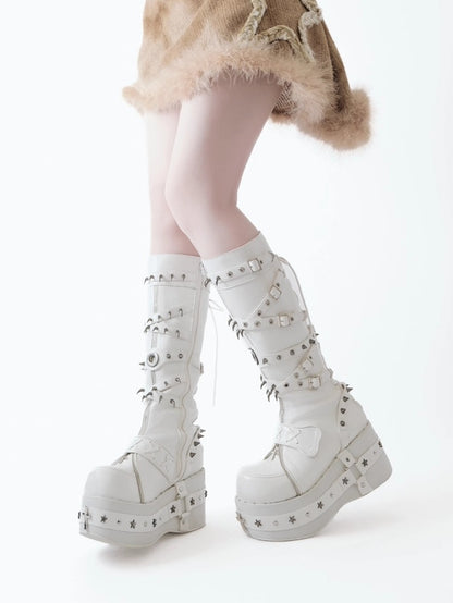 Platform Knee-Length Sole Accents Cross - White Punk with Boots