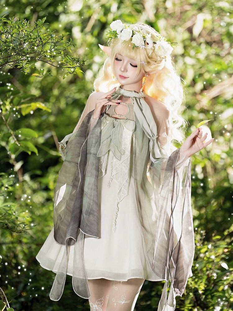 Mori Fairy Green Beige Halter Lolita Gown with Cutout Lace Accents - Unknown Star