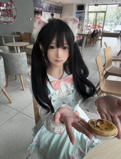 Soft Mint Green Adorable Cat Embroidered Overall Dress / White Sailor Collar Blouse