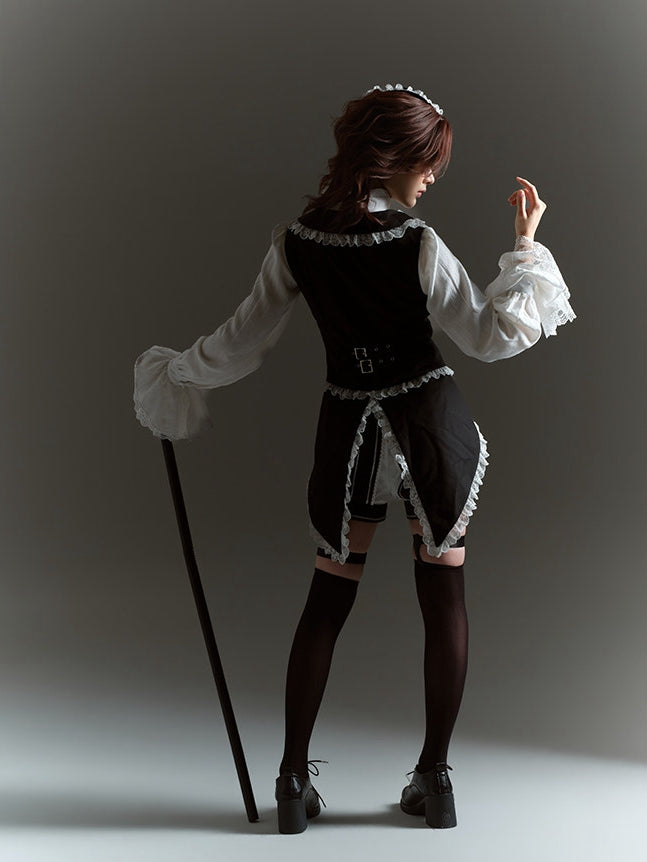 Black Tailcoat Waistcoat with White Lace Trims - Castle Too