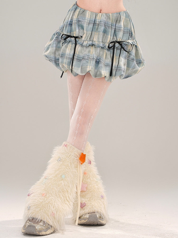 ブルーディテールスカート チェック柄 バブル ボウノット