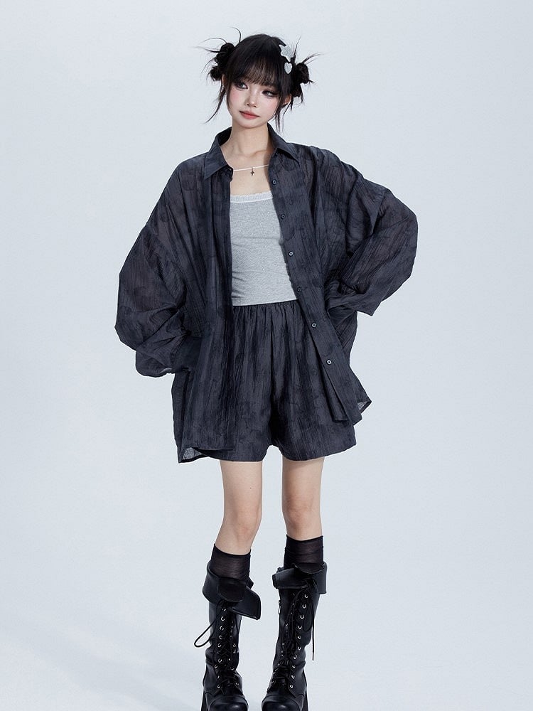 Elastic Set: Tencel Shorts Collar Polo Gray Waist Shirt with Top