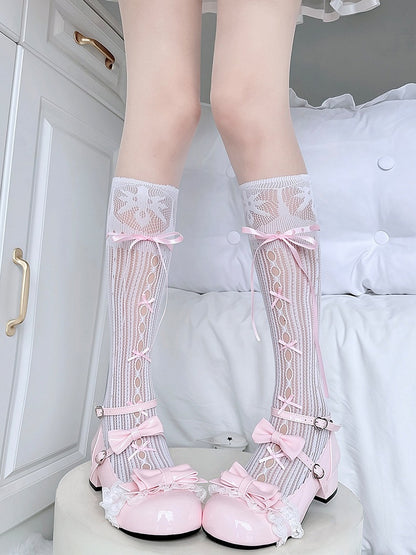 Lace Pattern Calf Socks with Bow Accents in Pink, White or Blue - ZUO BIAN