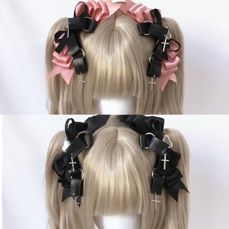Rhinestone Pink Kei Cross Heart-Shaped and Charms Bow Hairclips Black/Black Jirai with