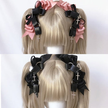 Rhinestone Pink Kei Cross Heart-Shaped and Charms Bow Hairclips Black/Black Jirai with