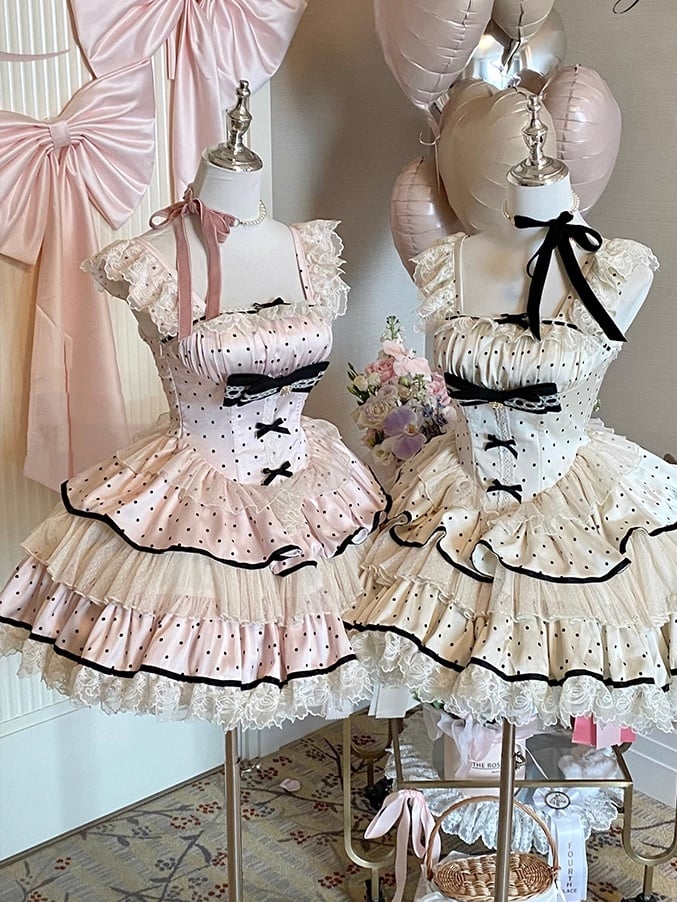 Polka Skirt Tiered Black Pink Waist Basque Sweet Dots Dress
