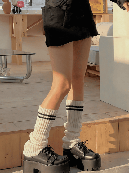Knitted Black/White Warmers Striped Leg Pattern