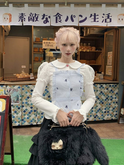 Top Ruffled Apron Black/White Peter with Pan Collar Faux Two-Piece