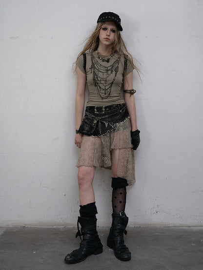 T-shirt Greyish with Cross Print Black Accents Punk Necklace Reversible Green Lace