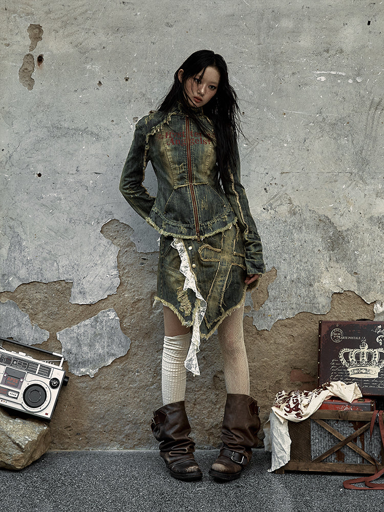 Distress with Denim Cross Red Rock Letter Blue Trim Punk Jacket Washed Patch Print