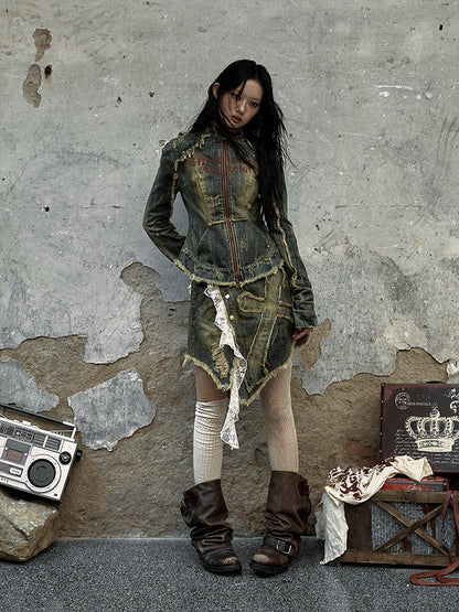 Distress with Denim Cross Red Rock Letter Blue Trim Punk Jacket Washed Patch Print