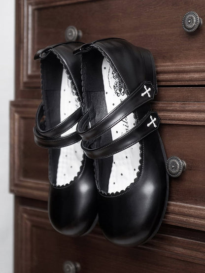 Flats Strap Embroidery Velcro Round Black Toe Cross Gothic Closures
