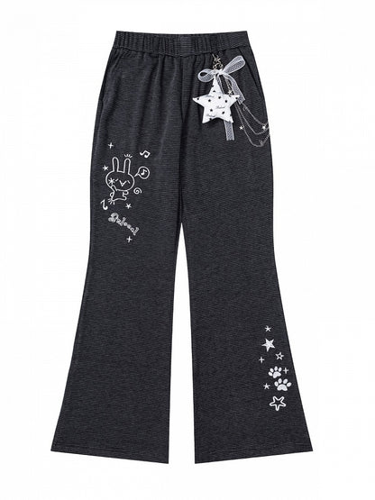 Embroidered Black Striped Flared Pants with Star Charm