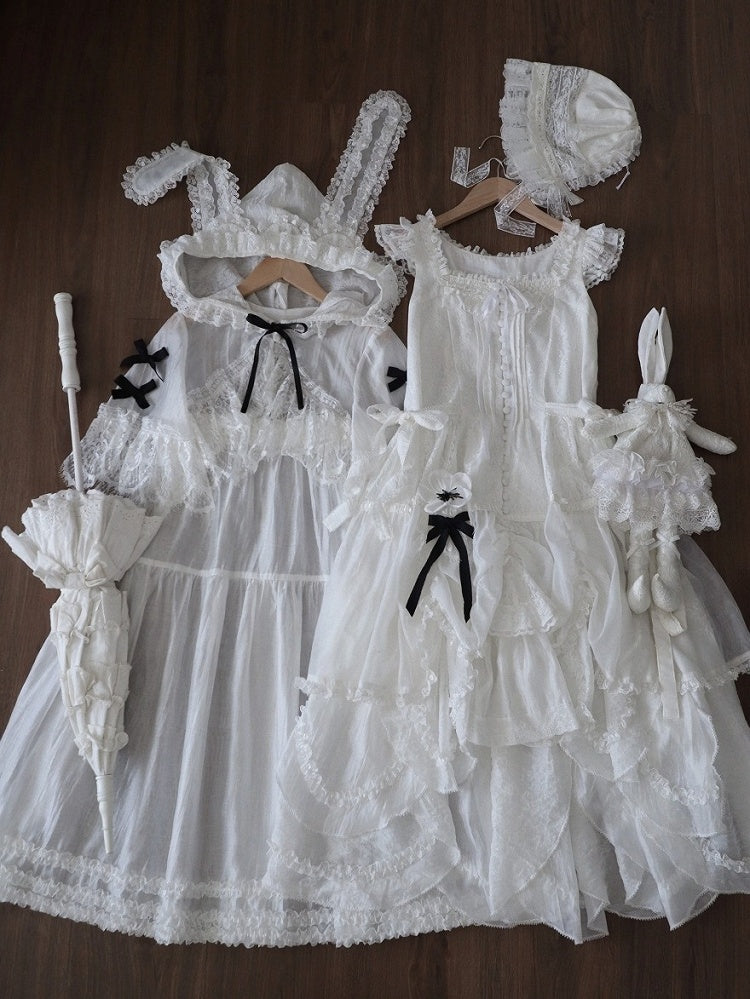 White Flutter Sleeve Petal Hem JSK with Bunny Hood & Lace Skirt Ensemble