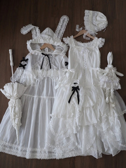 White Flutter Sleeve Petal Hem JSK with Bunny Hood & Lace Skirt Ensemble