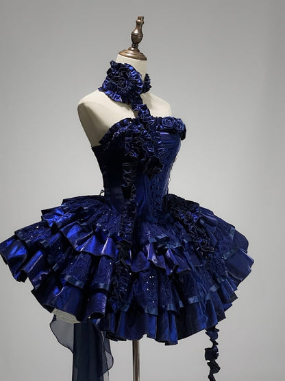 Klein Blue Roses Ausschnitt Lolita Goth Boning Kleid Pailletten Tiered Puffy Kleid