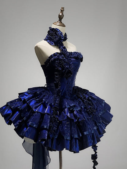 Ausschnitt Rosen Blau Klein Pailletten Stäbchen Puffy Goth Stufenkleid Lolita