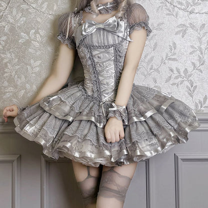 Silberne Ärmel Korsett Kitty Lolita Bunny Puff Grau und kurzes Kleid Print