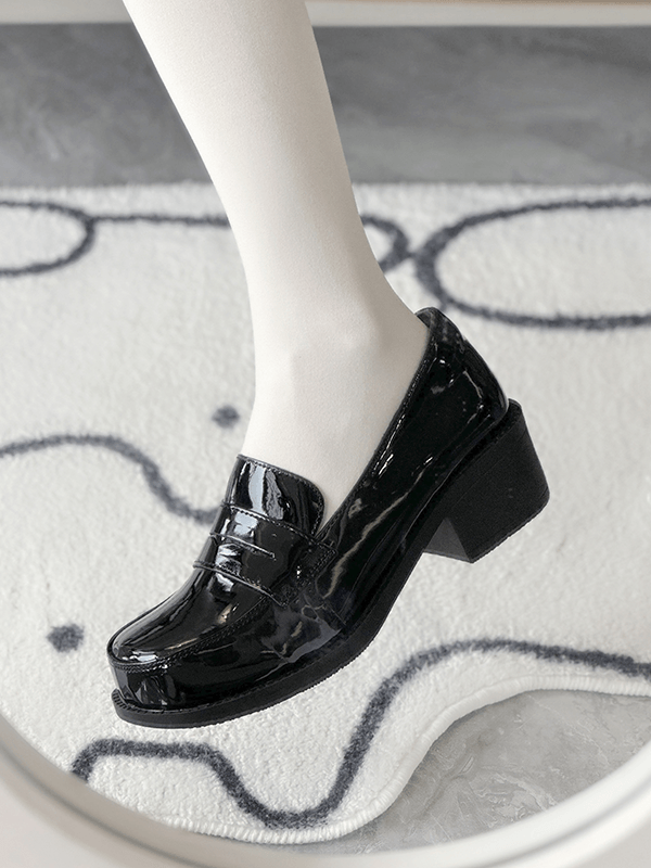 für Slip-On PU-Schuhe, akademisches Design, mittelhoher Absatz, schwarze Schule –