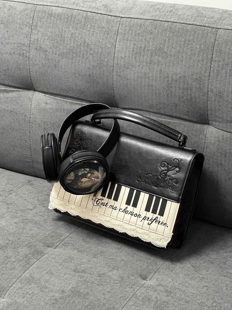 Chic Small-Sized Black Piano-Themed Crossbody  Backpack Briefcase With Embroidered Floral Accents