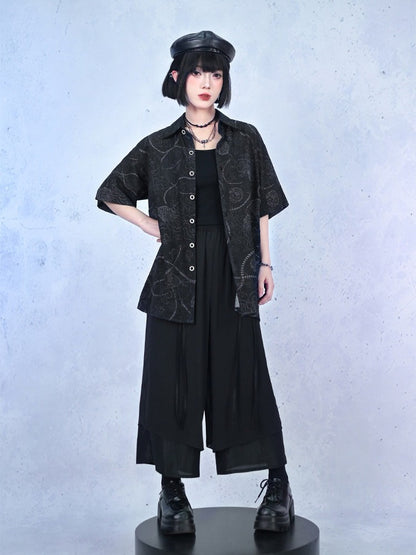 Black Sea Lily Print Loose Short Sleeve Shirt - Quirky Hut