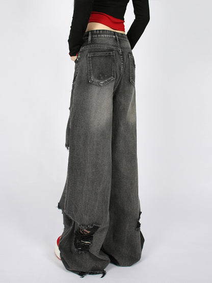 Black Distressed with Wide-Leg Low Wash Faded Waist Jeans