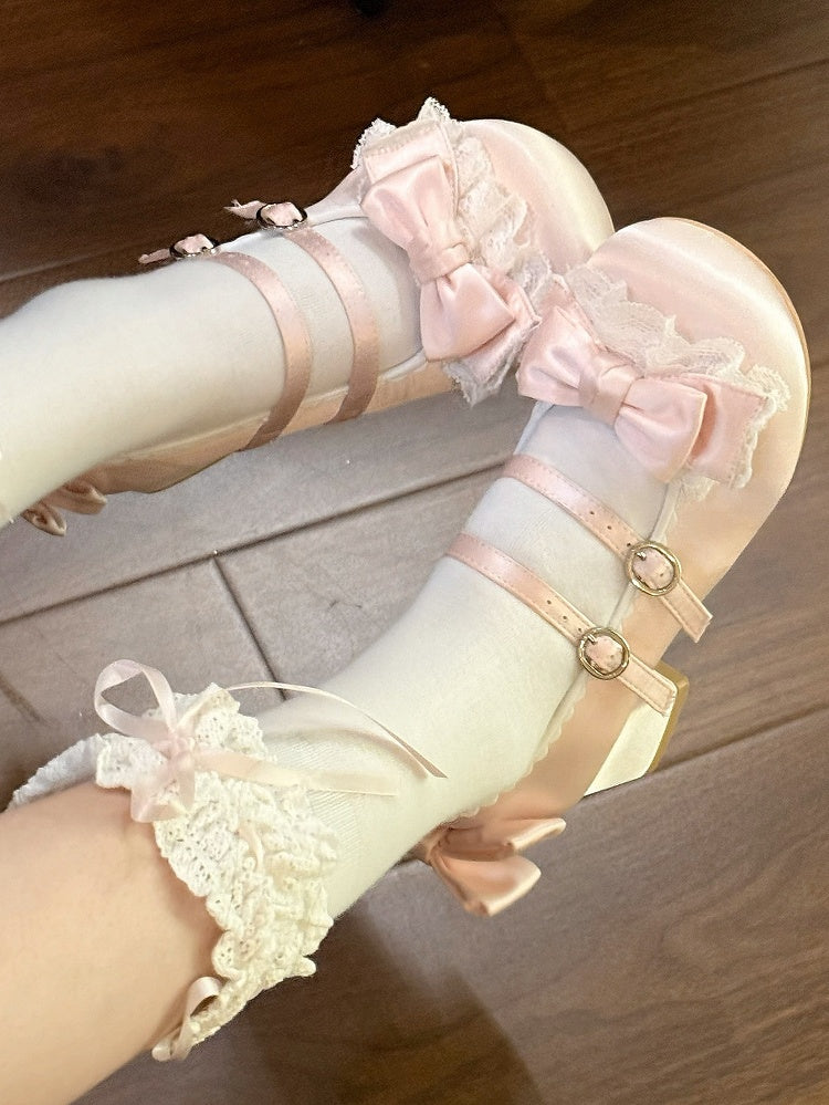 - Mid-heel Edging Lace Janes Mary Lolita Ruffled Sweet Pink
