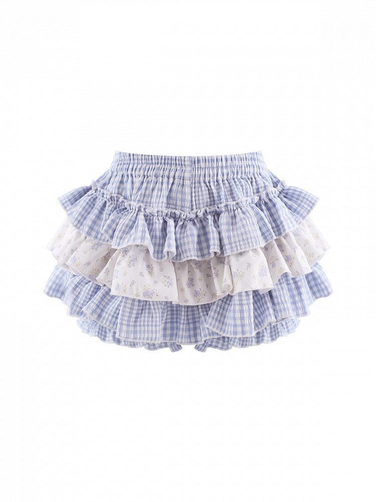 White Blue Plaid Floral Print Tiered Skirt with Built-In Shorts - serendipity