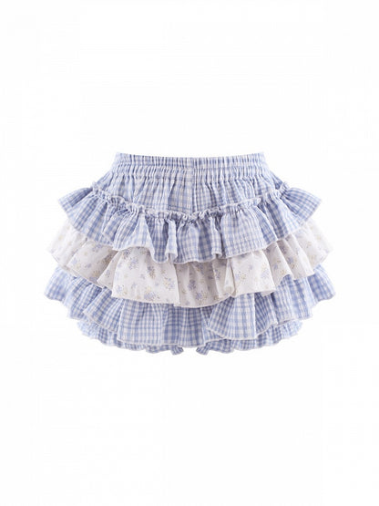 White Blue Plaid Floral Print Tiered Skirt with Built-In Shorts - serendipity