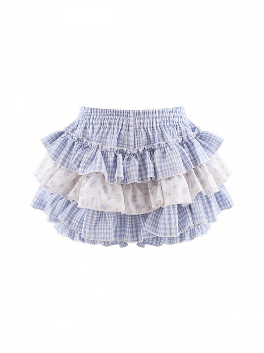 White Blue Plaid Floral Print Tiered Skirt with Built-In Shorts - serendipity