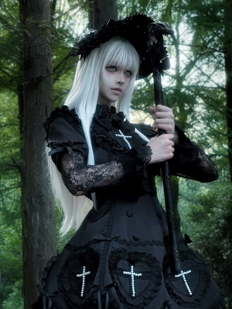 Details Cross and Lace Decoration Lolita Dress Black Gothic with Beaded