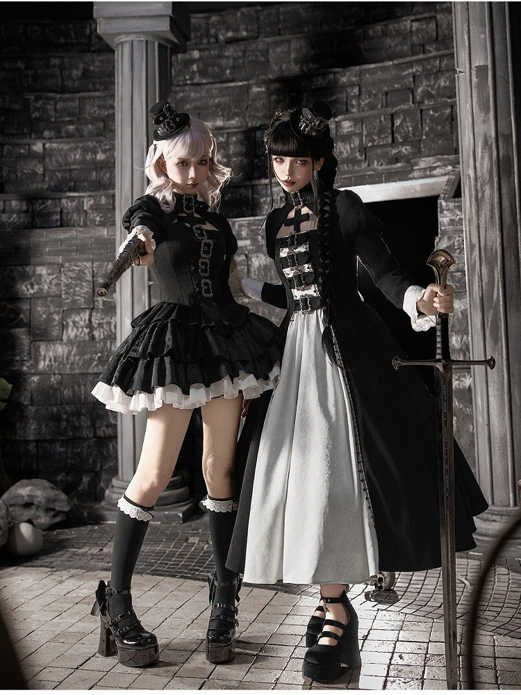 Gothic Lace-Up Lolita OP Gown with Metal Buckle, Short Version and Mini Hat Set - With PUJI