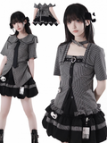 Choker Design Rüschen Saum Plaid Bluse Schwarz Criss-cross All-in-one und